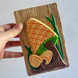 Vintage Ceramic Mushroom & Corn Wall Plaque 7" Rustic Kitchen Decor